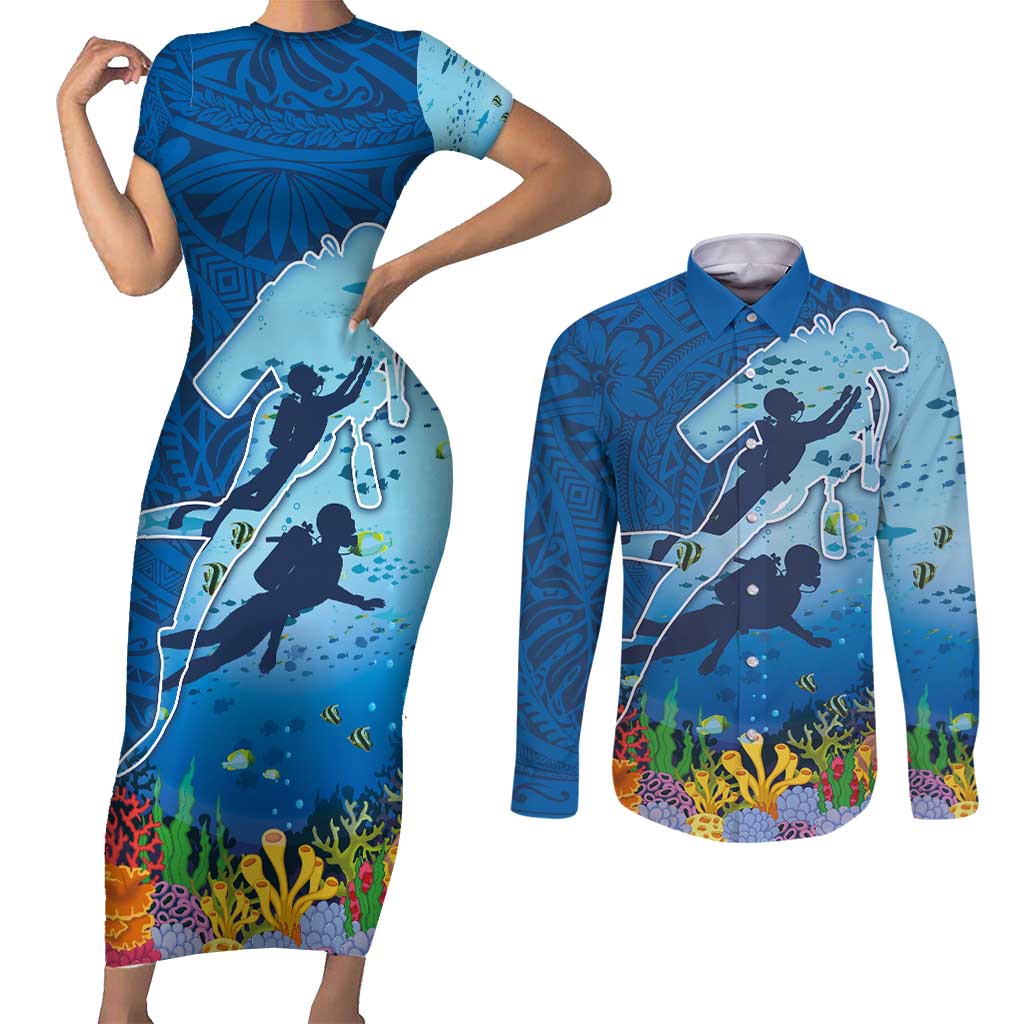 Polynesian Scuba Diving Couples Matching Short Sleeve Bodycon Dress and Long Sleeve Button Shirt Beauty Corals with Underwater and Polynesian Pattern
