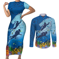 Polynesian Scuba Diving Couples Matching Short Sleeve Bodycon Dress and Long Sleeve Button Shirt Beauty Corals with Underwater and Polynesian Pattern