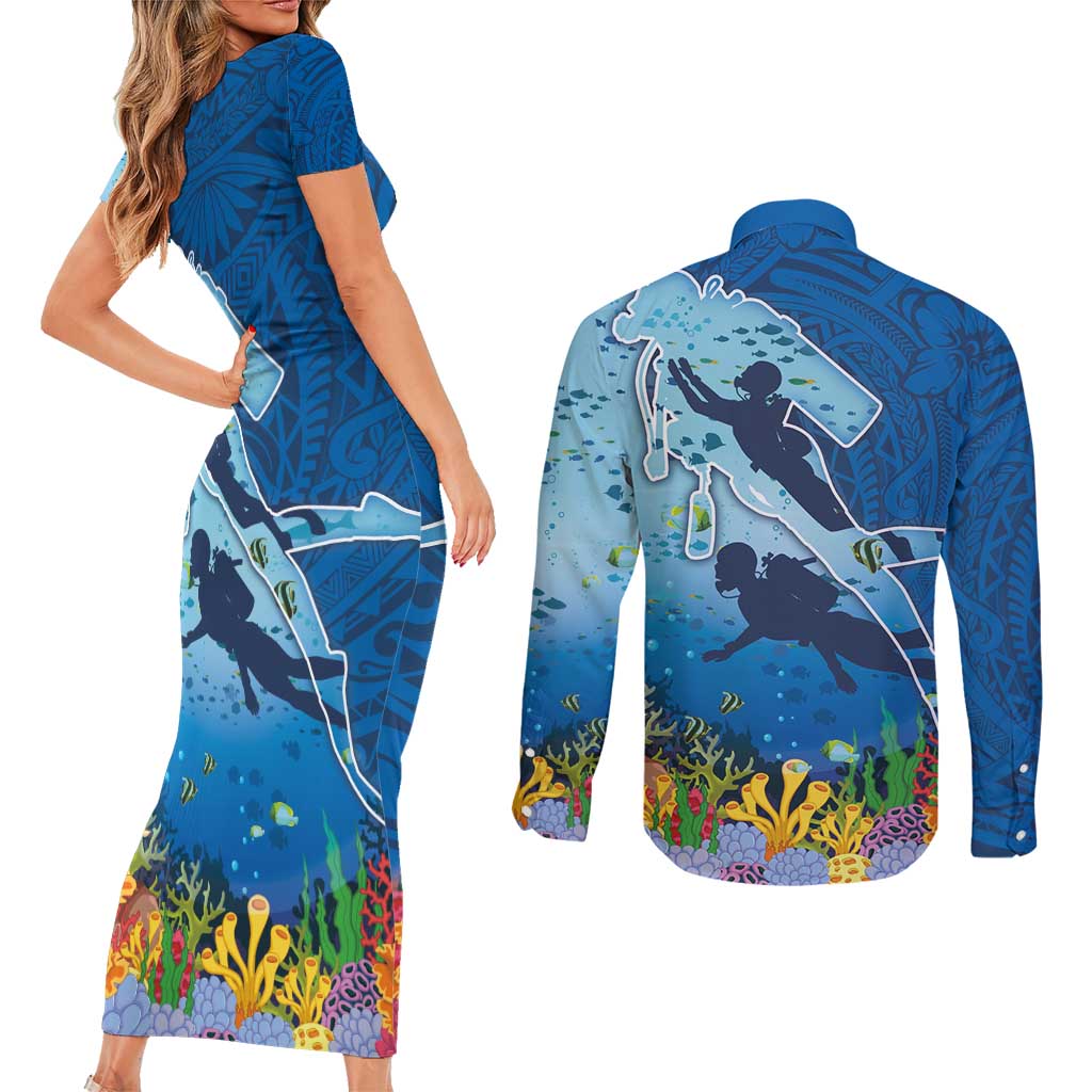Polynesian Scuba Diving Couples Matching Short Sleeve Bodycon Dress and Long Sleeve Button Shirt Beauty Corals with Underwater and Polynesian Pattern