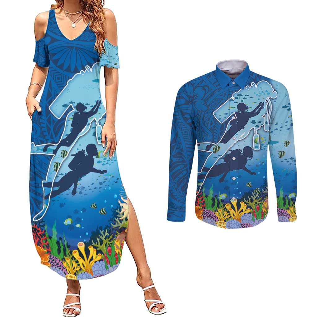 Polynesian Scuba Diving Couples Matching Summer Maxi Dress and Long Sleeve Button Shirt Beauty Corals with Underwater and Polynesian Pattern
