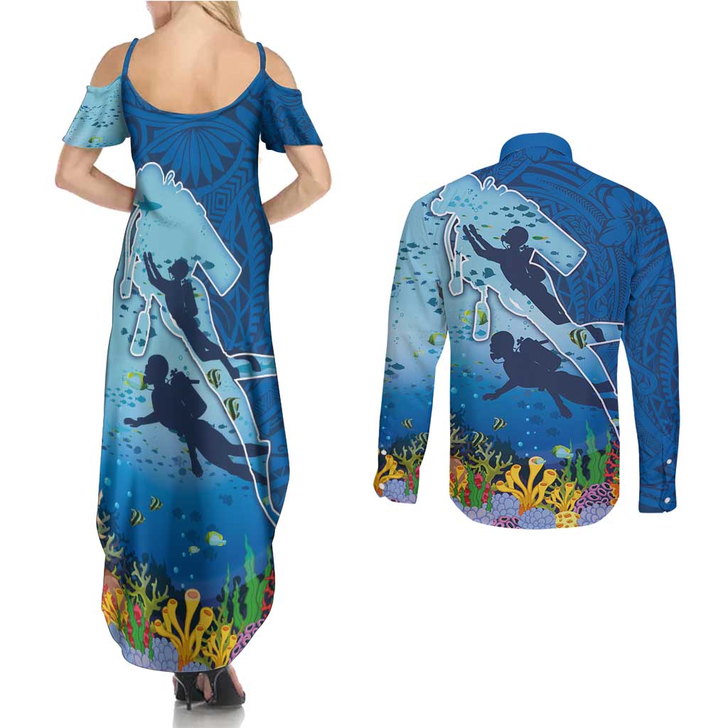 Polynesian Scuba Diving Couples Matching Summer Maxi Dress and Long Sleeve Button Shirt Beauty Corals with Underwater and Polynesian Pattern