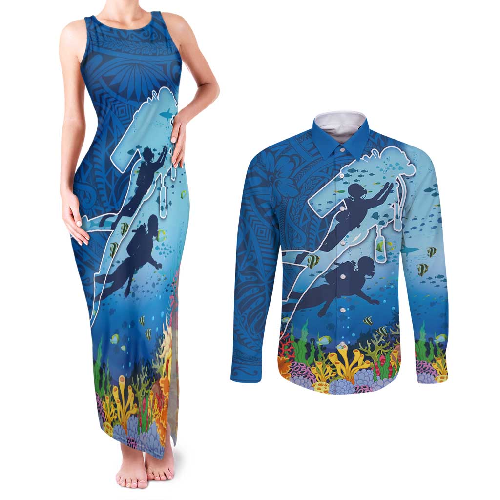 Polynesian Scuba Diving Couples Matching Tank Maxi Dress and Long Sleeve Button Shirt Beauty Corals with Underwater and Polynesian Pattern