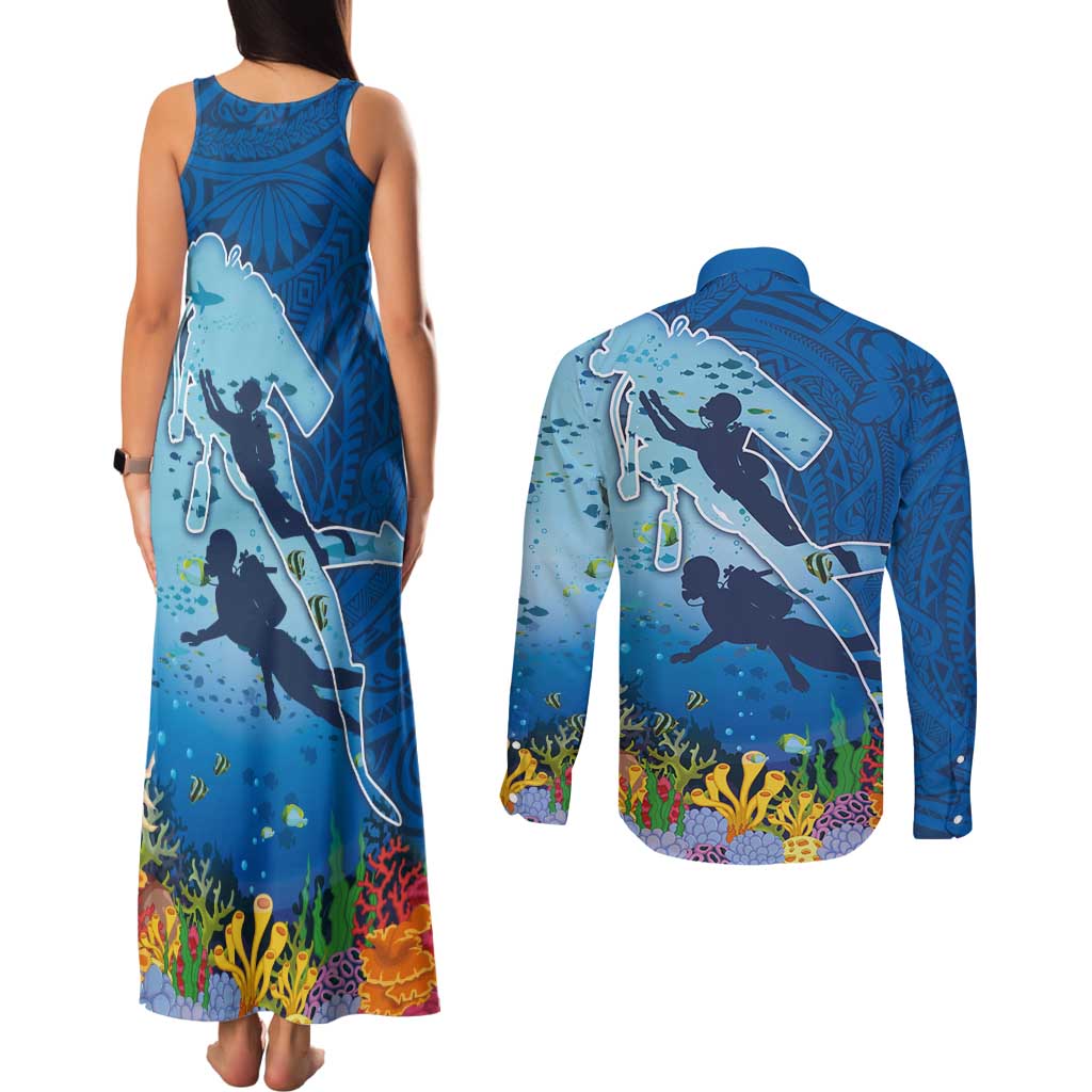 Polynesian Scuba Diving Couples Matching Tank Maxi Dress and Long Sleeve Button Shirt Beauty Corals with Underwater and Polynesian Pattern
