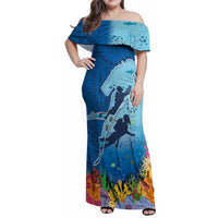 Polynesian Scuba Diving Family Matching Off Shoulder Maxi Dress and Hawaiian Shirt Beauty Corals with Underwater and Polynesian Pattern LT03 Mom's Dress Blue - Polynesian Pride