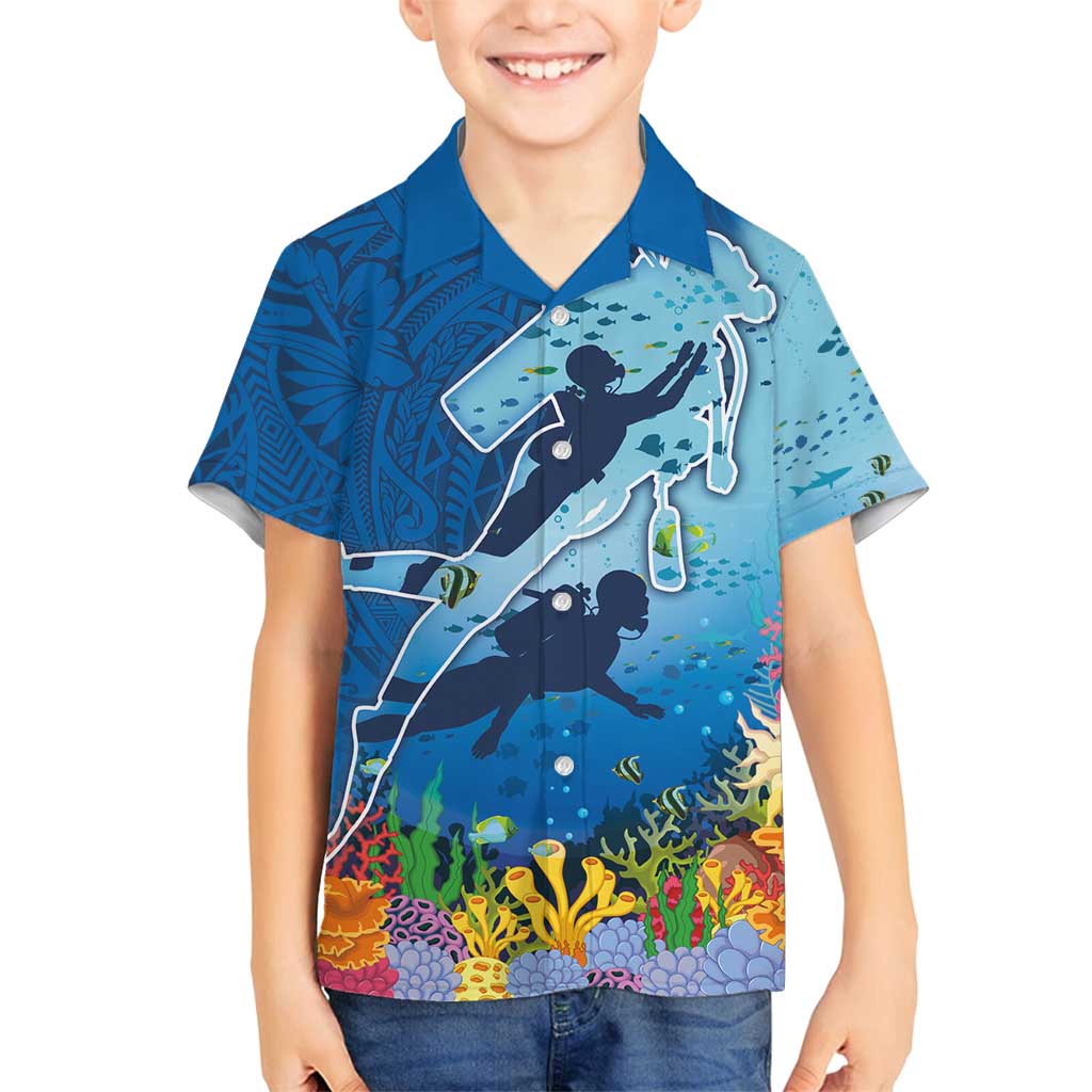 Polynesian Scuba Diving Family Matching Off Shoulder Maxi Dress and Hawaiian Shirt Beauty Corals with Underwater and Polynesian Pattern LT03 Son's Shirt Blue - Polynesian Pride