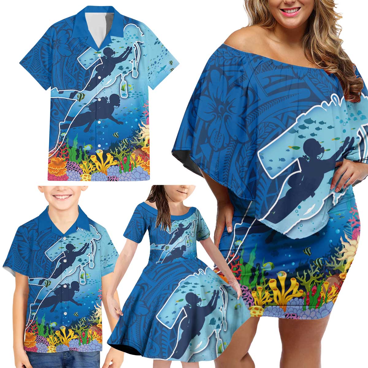 Polynesian Scuba Diving Family Matching Off Shoulder Short Dress and Hawaiian Shirt Beauty Corals with Underwater and Polynesian Pattern LT03 - Polynesian Pride