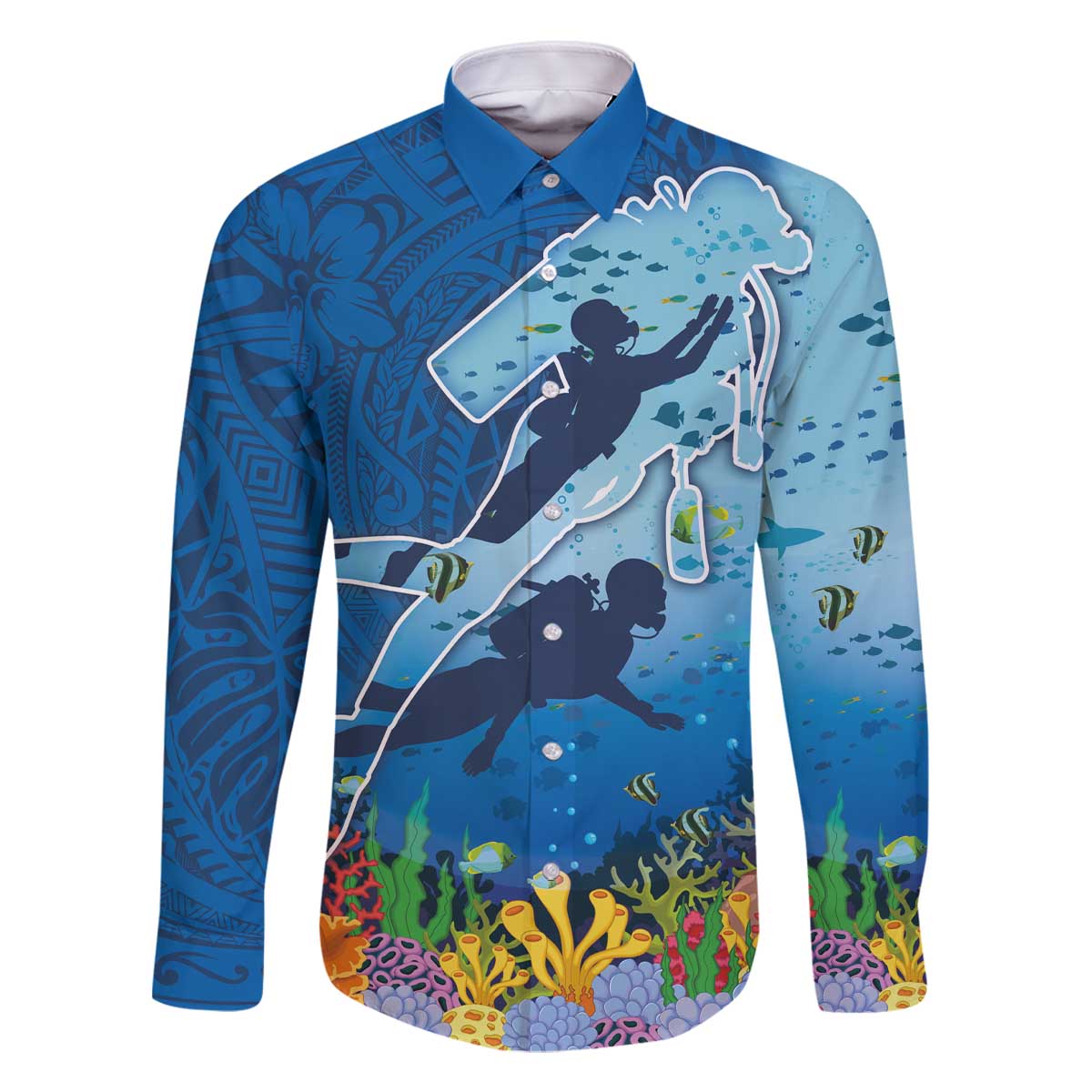 Polynesian Scuba Diving Family Matching Off Shoulder Short Dress and Hawaiian Shirt Beauty Corals with Underwater and Polynesian Pattern LT03 Dad's Shirt - Long Sleeve Blue - Polynesian Pride