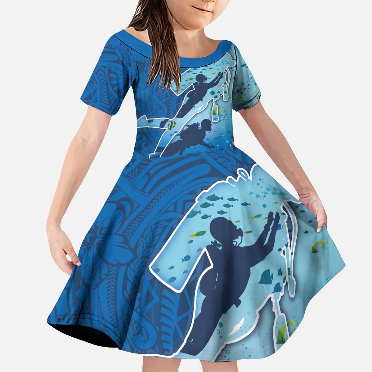 Polynesian Scuba Diving Family Matching Puletasi and Hawaiian Shirt Beauty Corals with Underwater and Polynesian Pattern LT03 Daughter's Dress Blue - Polynesian Pride