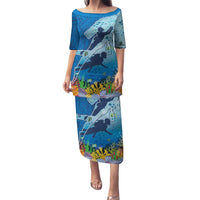 Polynesian Scuba Diving Family Matching Puletasi and Hawaiian Shirt Beauty Corals with Underwater and Polynesian Pattern LT03 Mom's Dress Blue - Polynesian Pride