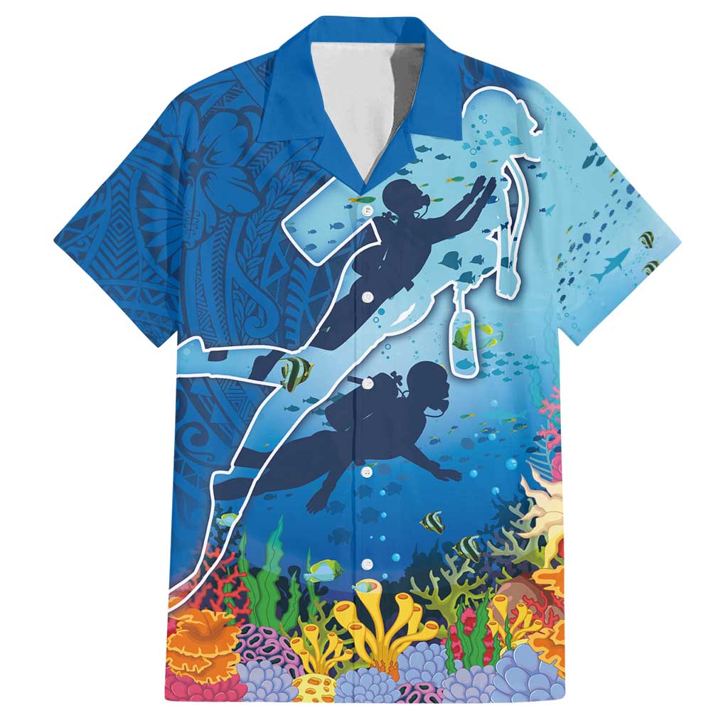 Polynesian Scuba Diving Family Matching Summer Maxi Dress and Hawaiian Shirt Beauty Corals with Underwater and Polynesian Pattern LT03 Dad's Shirt - Short Sleeve Blue - Polynesian Pride