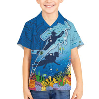 Polynesian Scuba Diving Family Matching Summer Maxi Dress and Hawaiian Shirt Beauty Corals with Underwater and Polynesian Pattern LT03 Son's Shirt Blue - Polynesian Pride