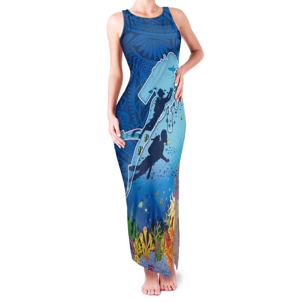 Polynesian Scuba Diving Family Matching Tank Maxi Dress and Hawaiian Shirt Beauty Corals with Underwater and Polynesian Pattern LT03 Mom's Dress Blue - Polynesian Pride