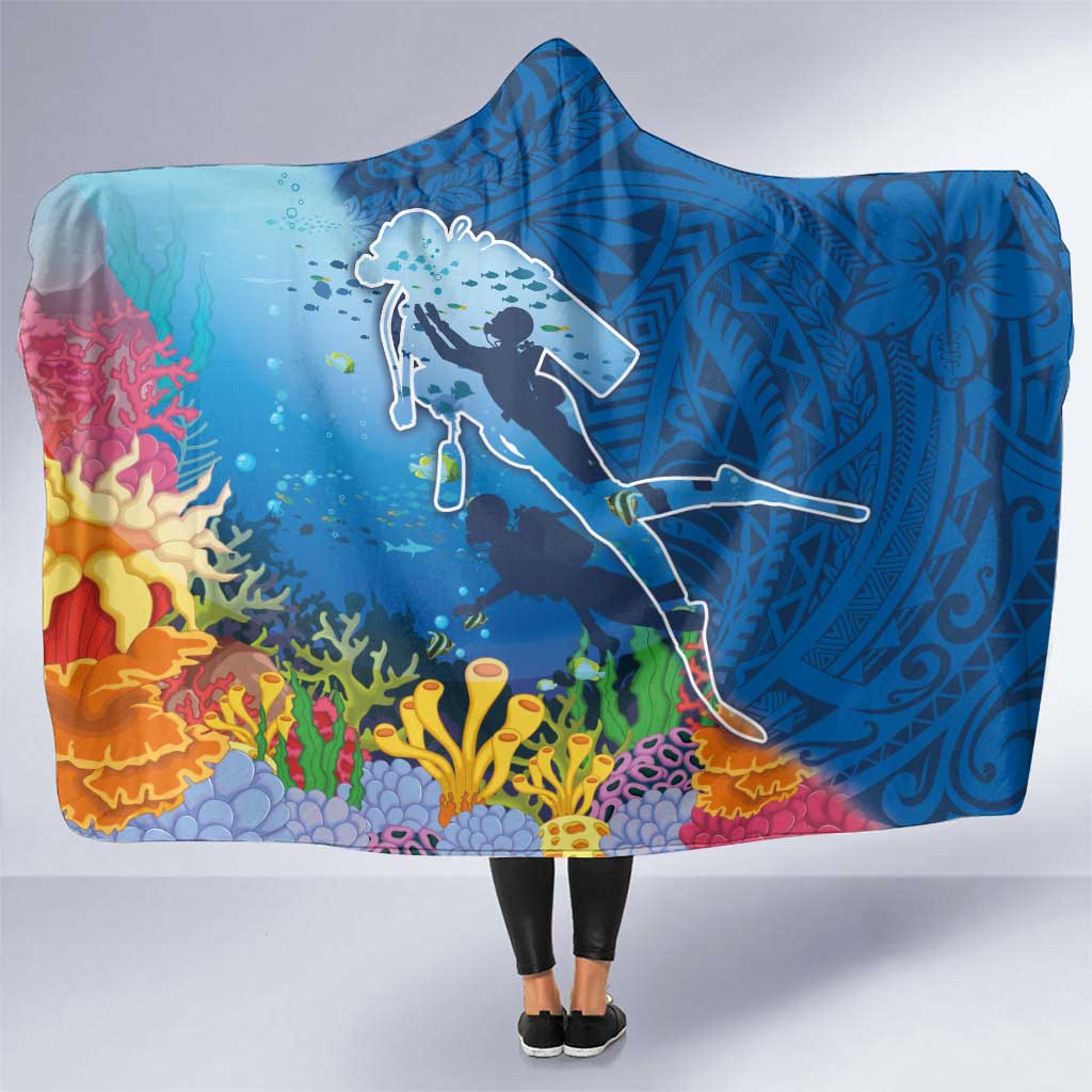 Polynesian Scuba Diving Hooded Blanket Beauty Corals with Underwater and Polynesian Pattern