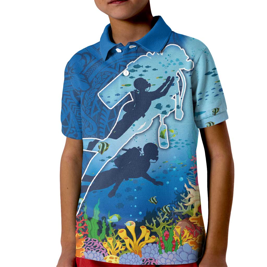 Polynesian Scuba Diving Kid Polo Shirt Beauty Corals with Underwater and Polynesian Pattern LT03 Kid Blue - Polynesian Pride