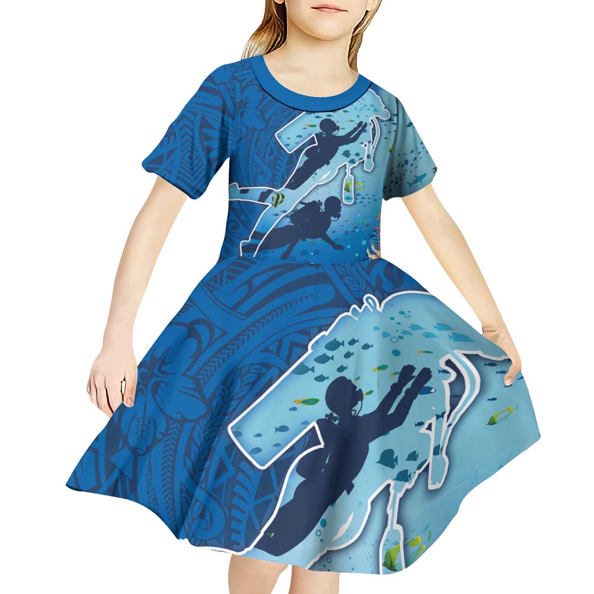 Polynesian Scuba Diving Kid Short Sleeve Dress Beauty Corals with Underwater and Polynesian Pattern LT03 - Polynesian Pride