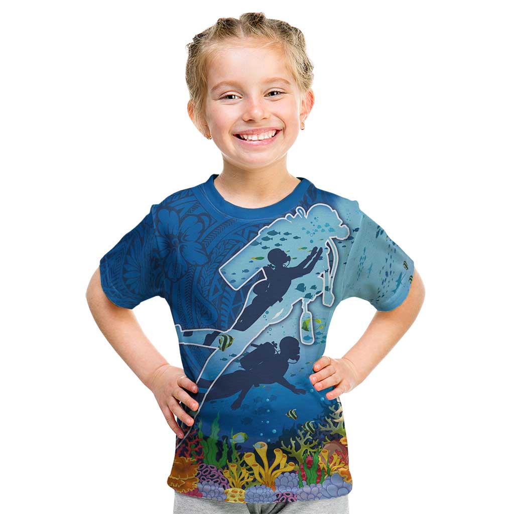 Polynesian Scuba Diving Kid T Shirt Beauty Corals with Underwater and Polynesian Pattern LT03 Blue - Polynesian Pride