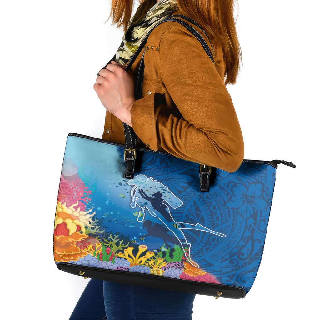 Polynesian Scuba Diving Leather Tote Bag Beauty Corals with Underwater and Polynesian Pattern LT03 Blue - Polynesian Pride