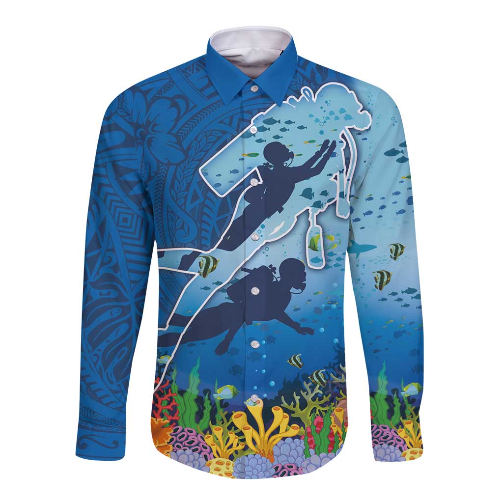 Polynesian Scuba Diving Long Sleeve Button Shirt Beauty Corals with Underwater and Polynesian Pattern LT03 Unisex Blue - Polynesian Pride