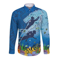 Polynesian Scuba Diving Long Sleeve Button Shirt Beauty Corals with Underwater and Polynesian Pattern LT03 Unisex Blue - Polynesian Pride