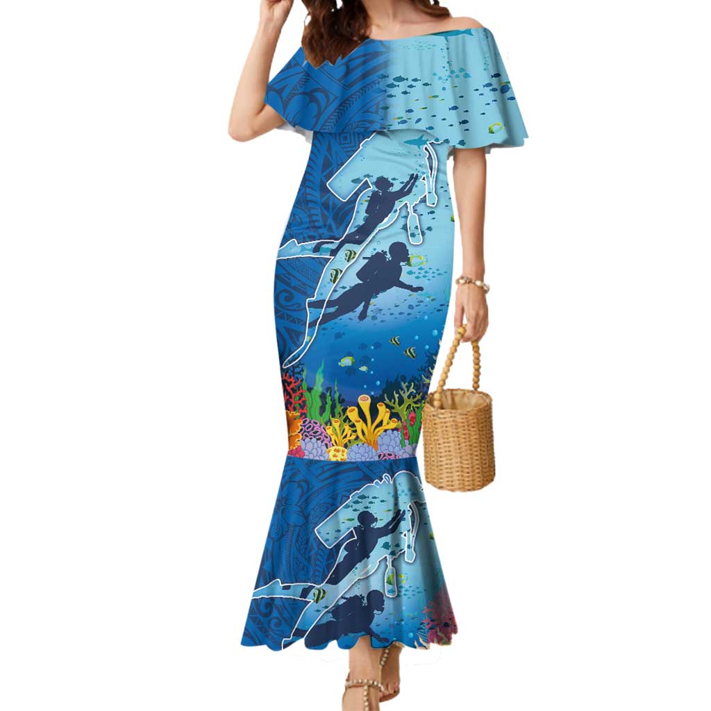 Polynesian Scuba Diving Mermaid Dress Beauty Corals with Underwater and Polynesian Pattern LT03 Women Blue - Polynesian Pride
