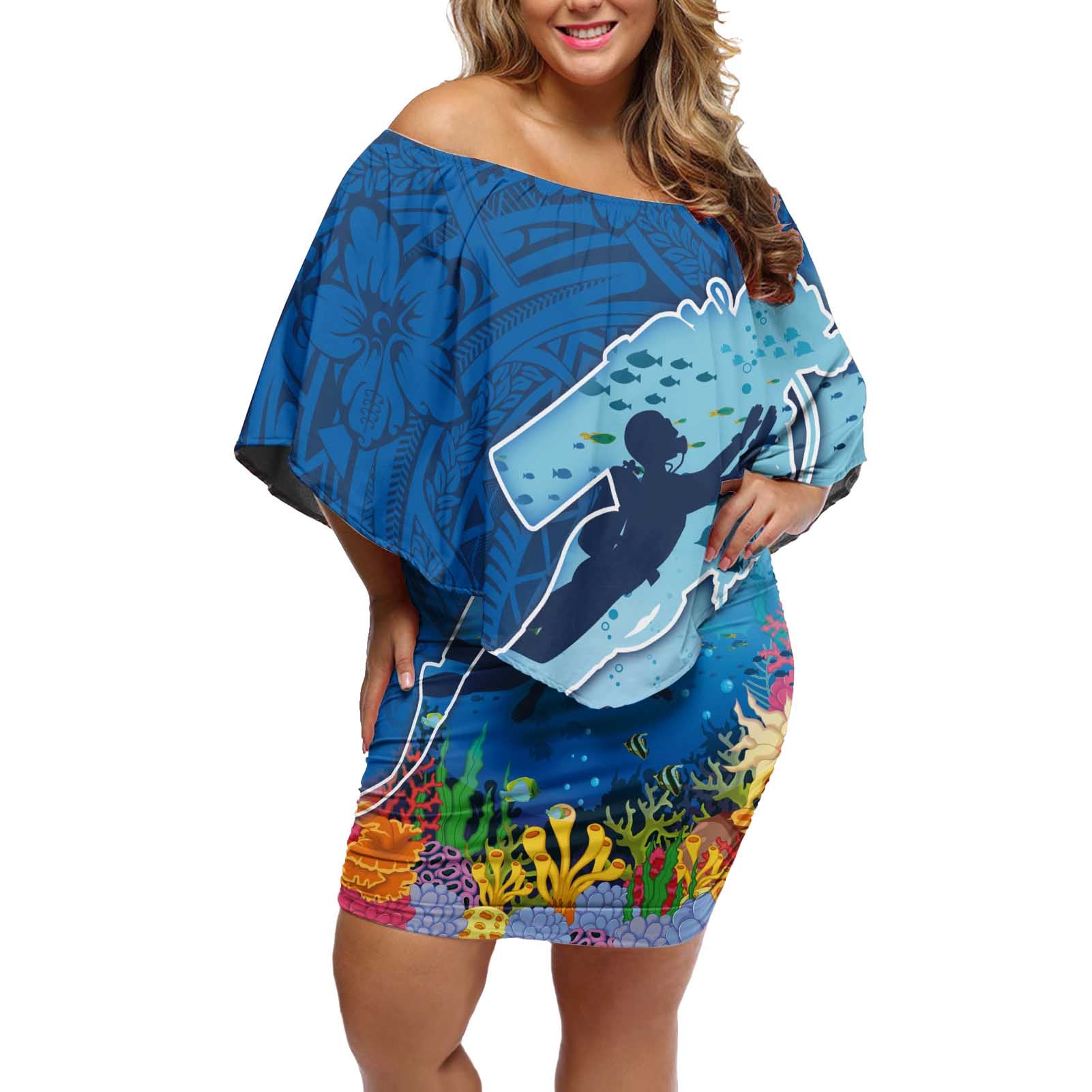 Polynesian Scuba Diving Off Shoulder Short Dress Beauty Corals with Underwater and Polynesian Pattern