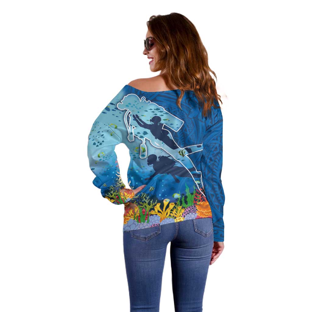 Polynesian Scuba Diving Off Shoulder Sweater Beauty Corals with Underwater and Polynesian Pattern