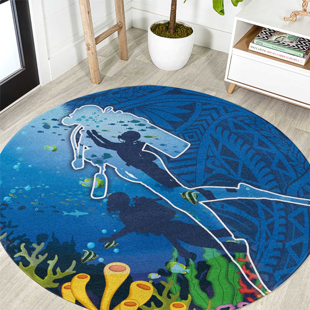 Polynesian Scuba Diving Round Carpet Beauty Corals with Underwater and Polynesian Pattern LT03 Blue - Polynesian Pride