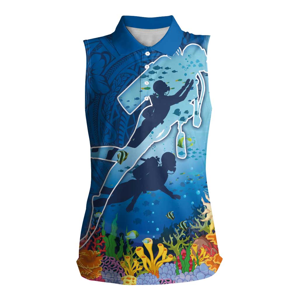 Polynesian Scuba Diving Women Sleeveless Polo Shirt Beauty Corals with Underwater and Polynesian Pattern LT03 Female Blue - Polynesian Pride