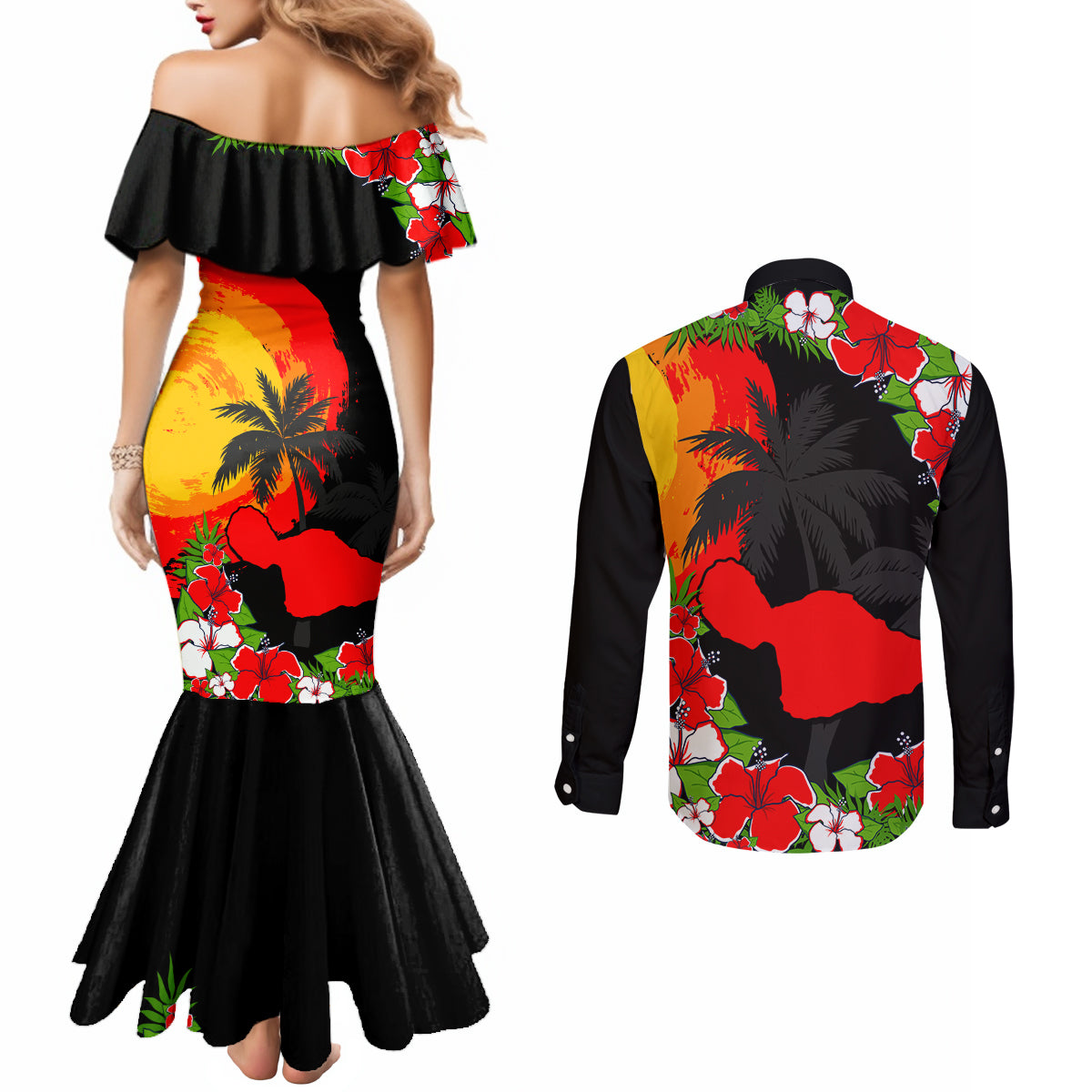Hawaii Maui Island Couples Matching Mermaid Dress and Long Sleeve Button Shirts Maui Map With Tropical Forest Sunset Vibe LT03 - Polynesian Pride