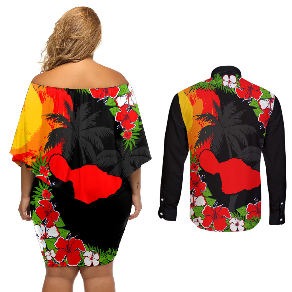 Hawaii Maui Island Couples Matching Off Shoulder Short Dress and Long Sleeve Button Shirts Maui Map With Tropical Forest Sunset Vibe LT03 - Polynesian Pride