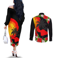 Hawaii Maui Island Couples Matching Off The Shoulder Long Sleeve Dress and Long Sleeve Button Shirts Maui Map With Tropical Forest Sunset Vibe LT03 - Polynesian Pride