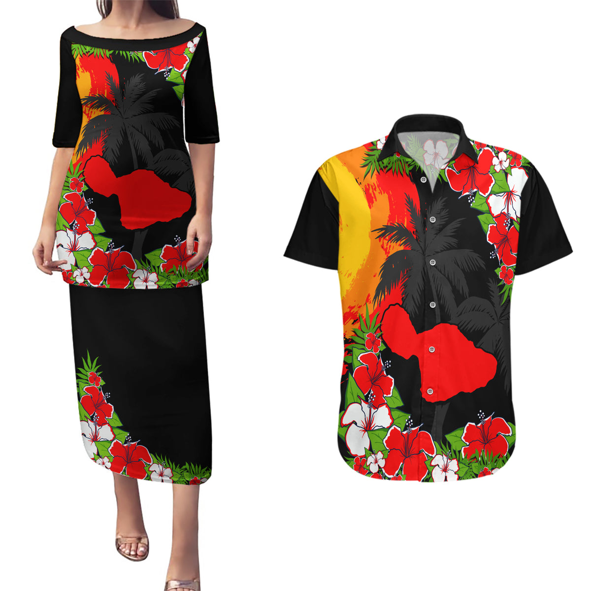 Hawaii Maui Island Couples Matching Puletasi Dress and Hawaiian Shirt Maui Map With Tropical Forest Sunset Vibe LT03 Black - Polynesian Pride
