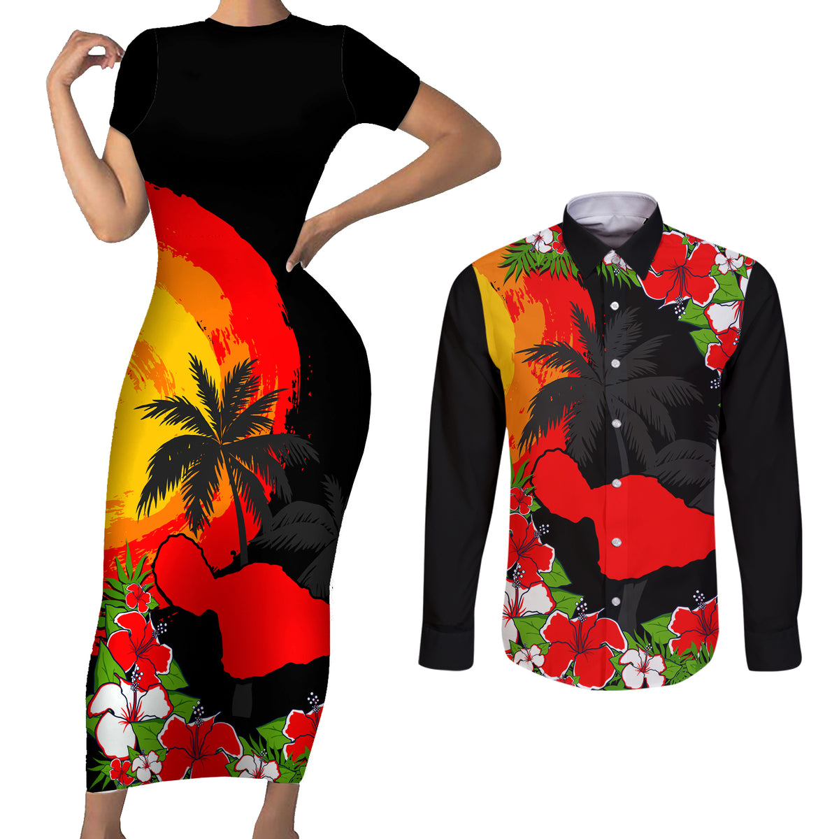 Hawaii Maui Island Couples Matching Short Sleeve Bodycon Dress and Long Sleeve Button Shirts Maui Map With Tropical Forest Sunset Vibe LT03 Black - Polynesian Pride