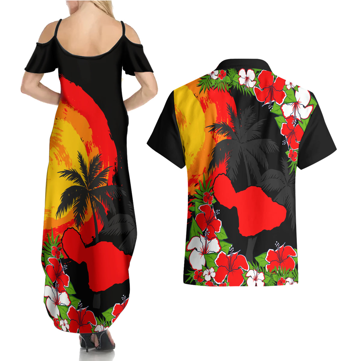 Hawaii Maui Island Couples Matching Summer Maxi Dress and Hawaiian Shirt Maui Map With Tropical Forest Sunset Vibe LT03 - Polynesian Pride