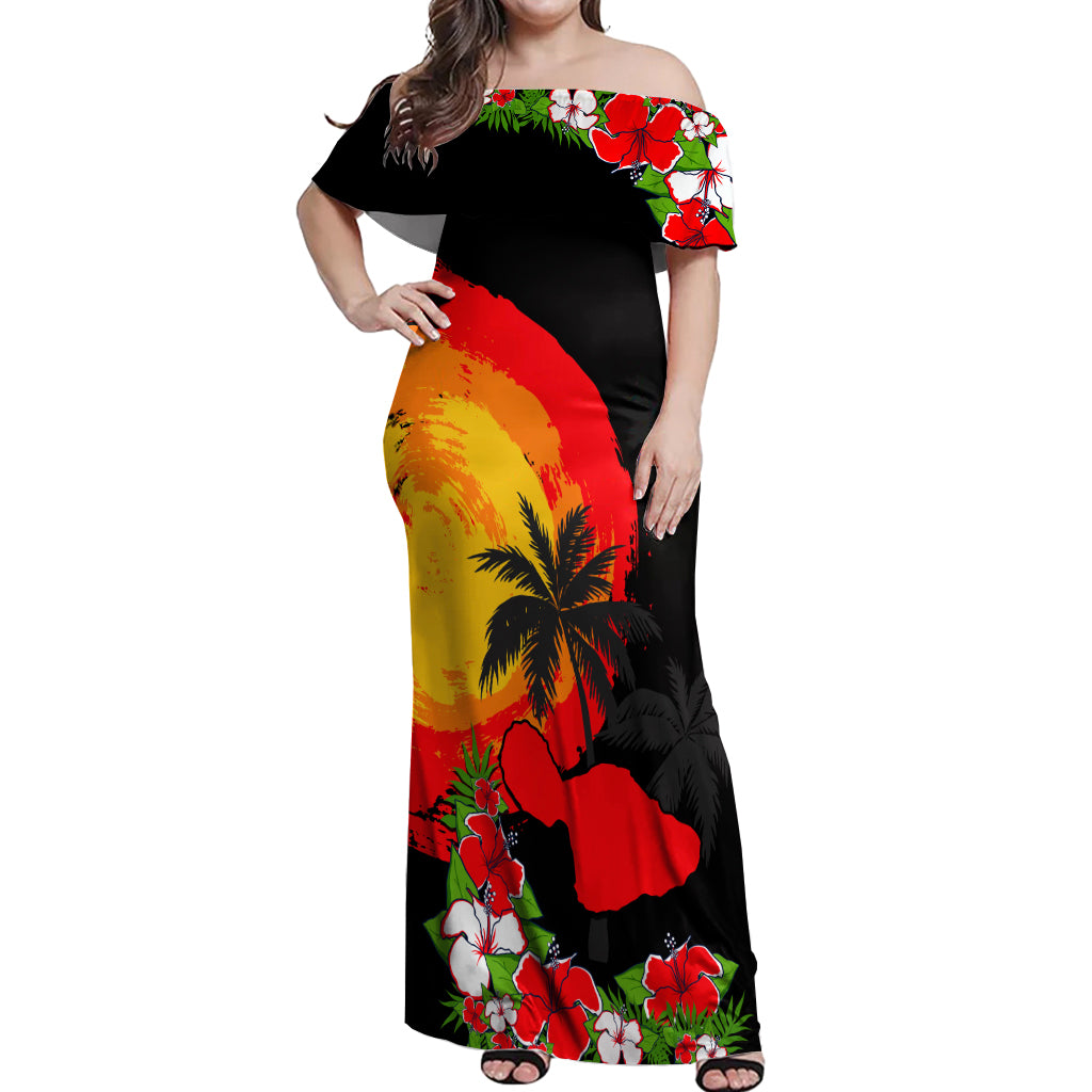 Hawaii Maui Island Off Shoulder Maxi Dress Maui Map With Tropical Forest Sunset Vibe LT03 Women Black - Polynesian Pride