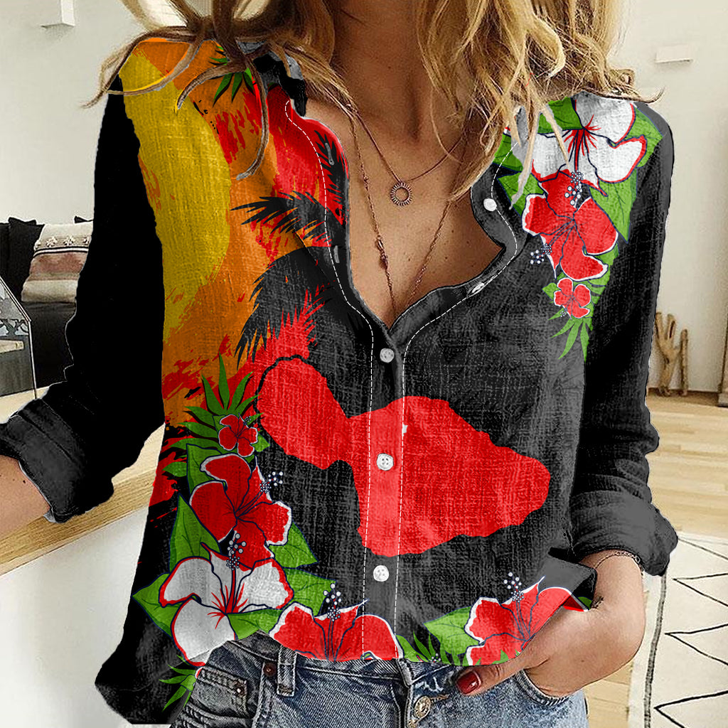 Hawaii Maui Island Women Casual Shirt Maui Map With Tropical Forest Sunset Vibe LT03 Female Black - Polynesian Pride
