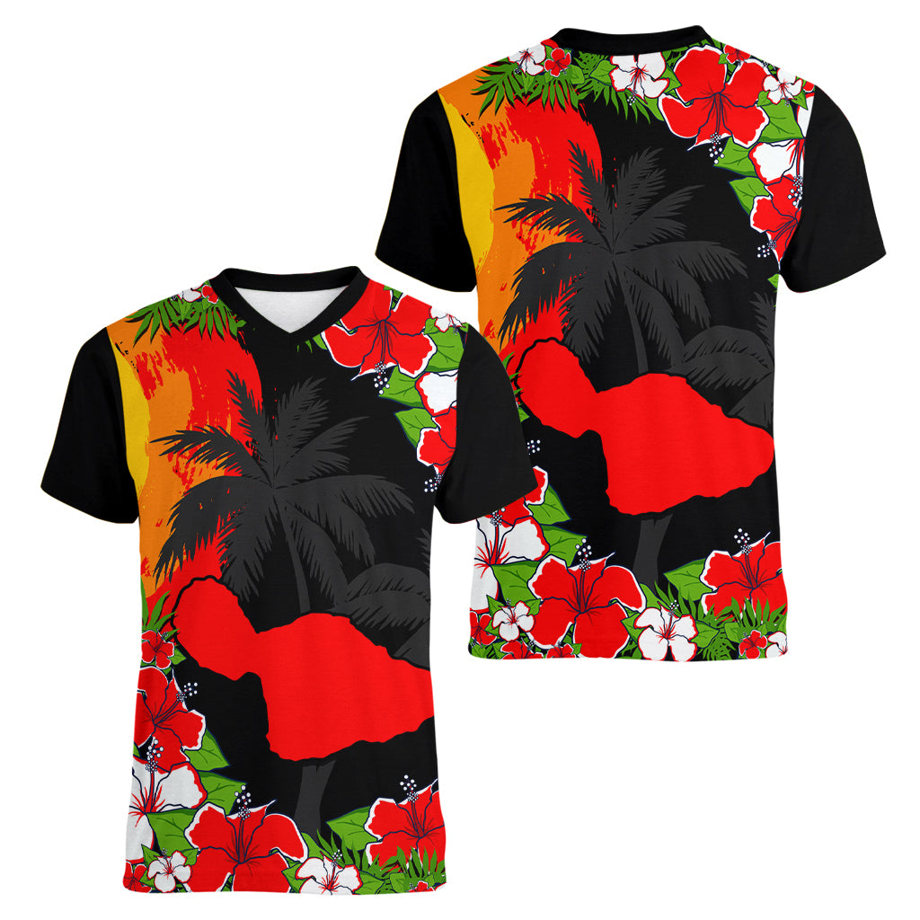 Hawaii Maui Island Women V Neck T Shirt Maui Map With Tropical Forest Sunset Vibe LT03 - Polynesian Pride