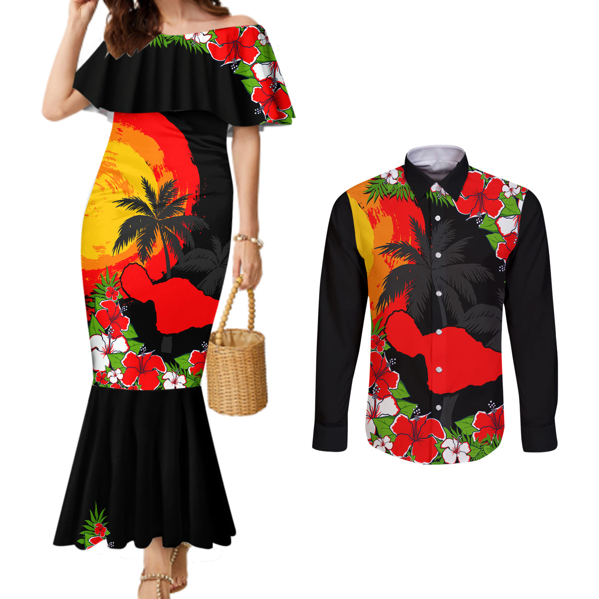 Custom Hawaii Maui Island Couples Matching Mermaid Dress and Long Sleeve Button Shirts Maui Map With Tropical Forest Sunset Vibe LT03 Black - Polynesian Pride