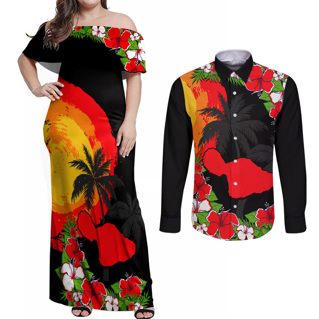 Custom Hawaii Maui Island Couples Matching Off Shoulder Maxi Dress and Long Sleeve Button Shirts Maui Map With Tropical Forest Sunset Vibe LT03 Black - Polynesian Pride