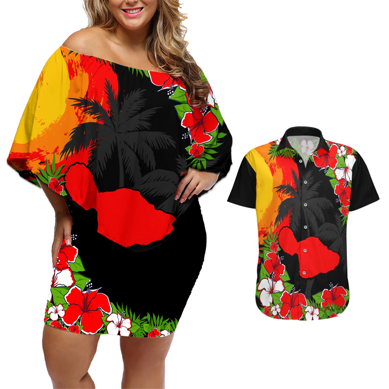 Custom Hawaii Maui Island Couples Matching Off Shoulder Short Dress and Hawaiian Shirt Maui Map With Tropical Forest Sunset Vibe LT03 Black - Polynesian Pride