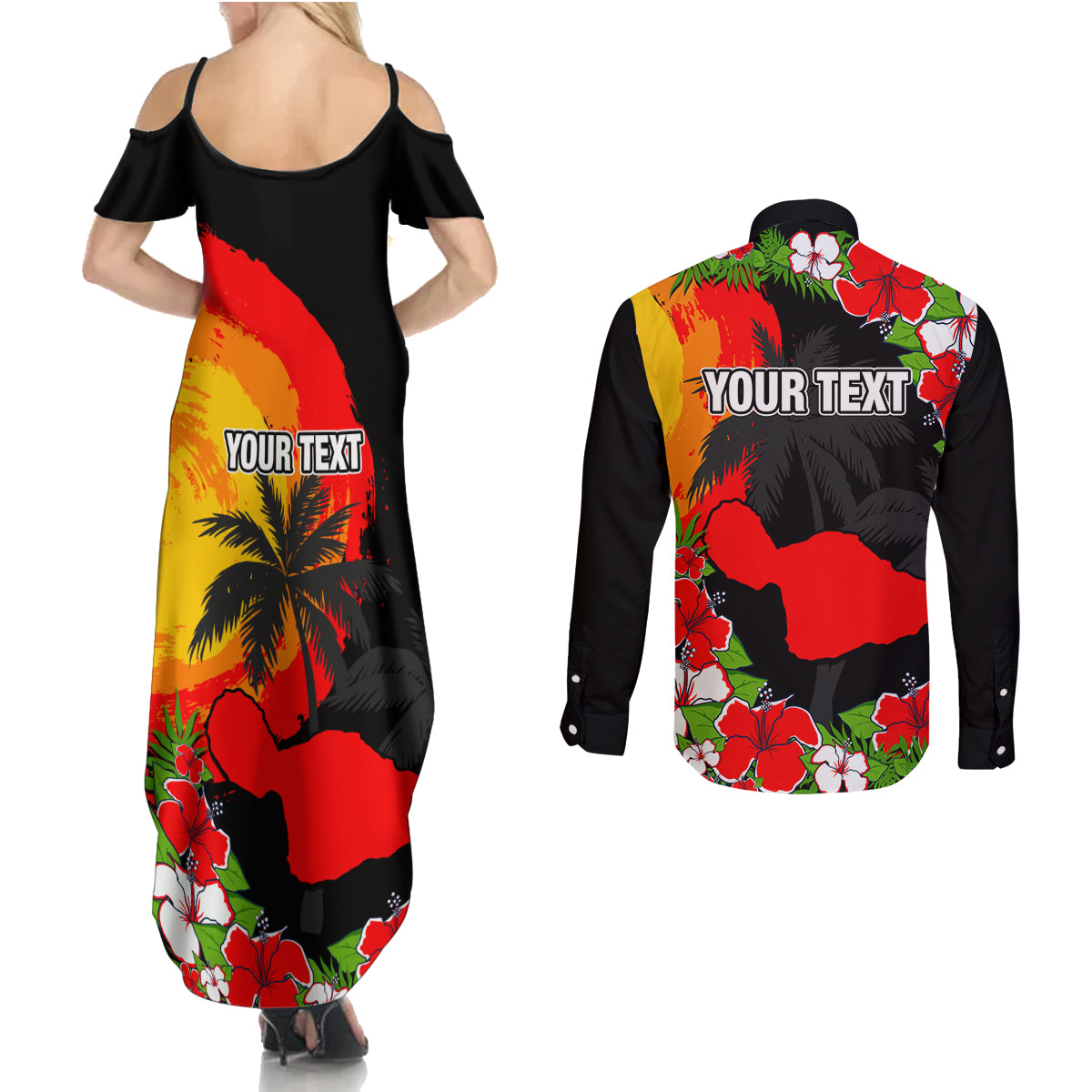Custom Hawaii Maui Island Couples Matching Summer Maxi Dress and Long Sleeve Button Shirts Maui Map With Tropical Forest Sunset Vibe LT03 - Polynesian Pride
