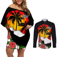 Hawaii Maui Island Couples Matching Off Shoulder Short Dress and Long Sleeve Button Shirts Maui Map With Tropical Forest Vintage Style LT03 Black - Polynesian Pride