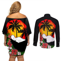Hawaii Maui Island Couples Matching Off Shoulder Short Dress and Long Sleeve Button Shirts Maui Map With Tropical Forest Vintage Style LT03 - Polynesian Pride