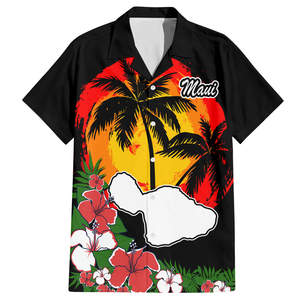 Hawaii Maui Island Family Matching Short Sleeve Bodycon Dress and Hawaiian Shirt Maui Map With Tropical Forest Vintage Style LT03 Dad's Shirt - Short Sleeve Black - Polynesian Pride