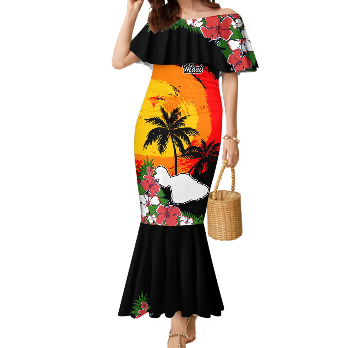 Hawaii Maui Island Mermaid Dress Maui Map With Tropical Forest Vintage Style LT03 Women Black - Polynesian Pride