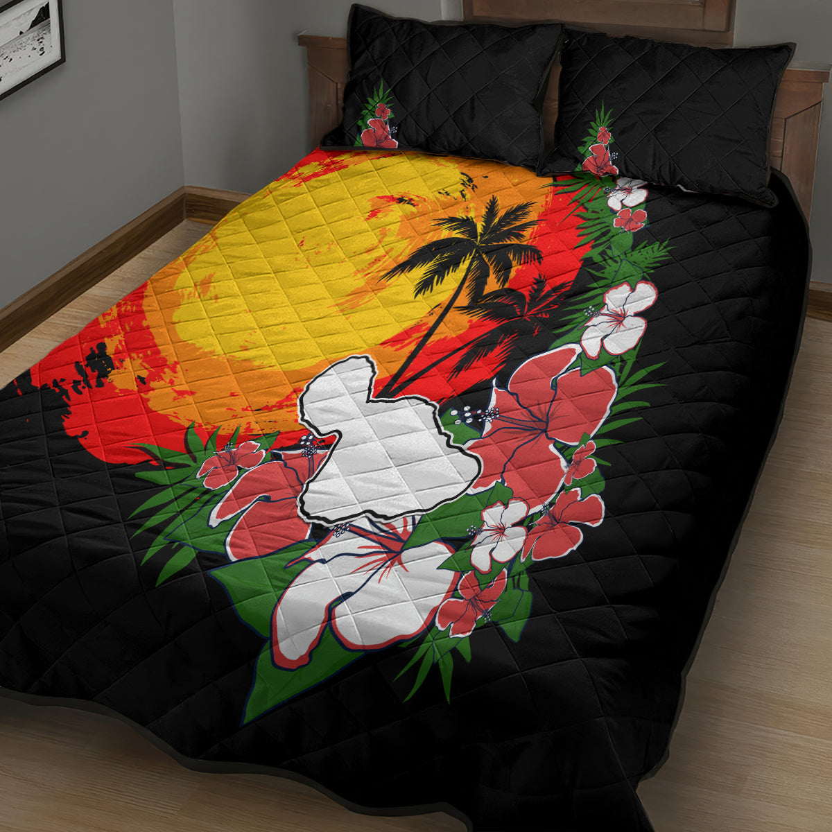 Hawaii Maui Island Quilt Bed Set Maui Map With Tropical Forest Vintage Style LT03 - Polynesian Pride