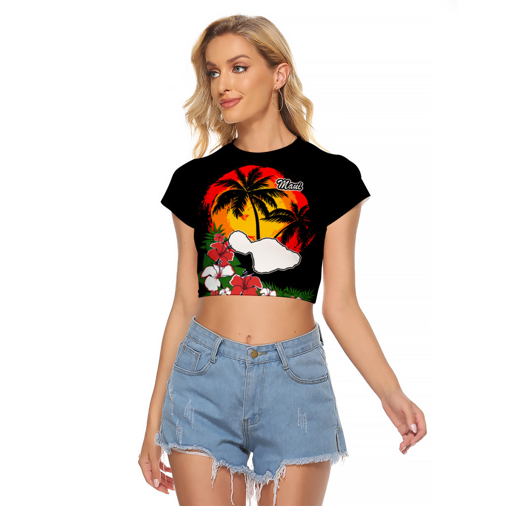 Hawaii Maui Island Raglan Cropped T Shirt Maui Map With Tropical Forest Vintage Style LT03 Female Black - Polynesian Pride