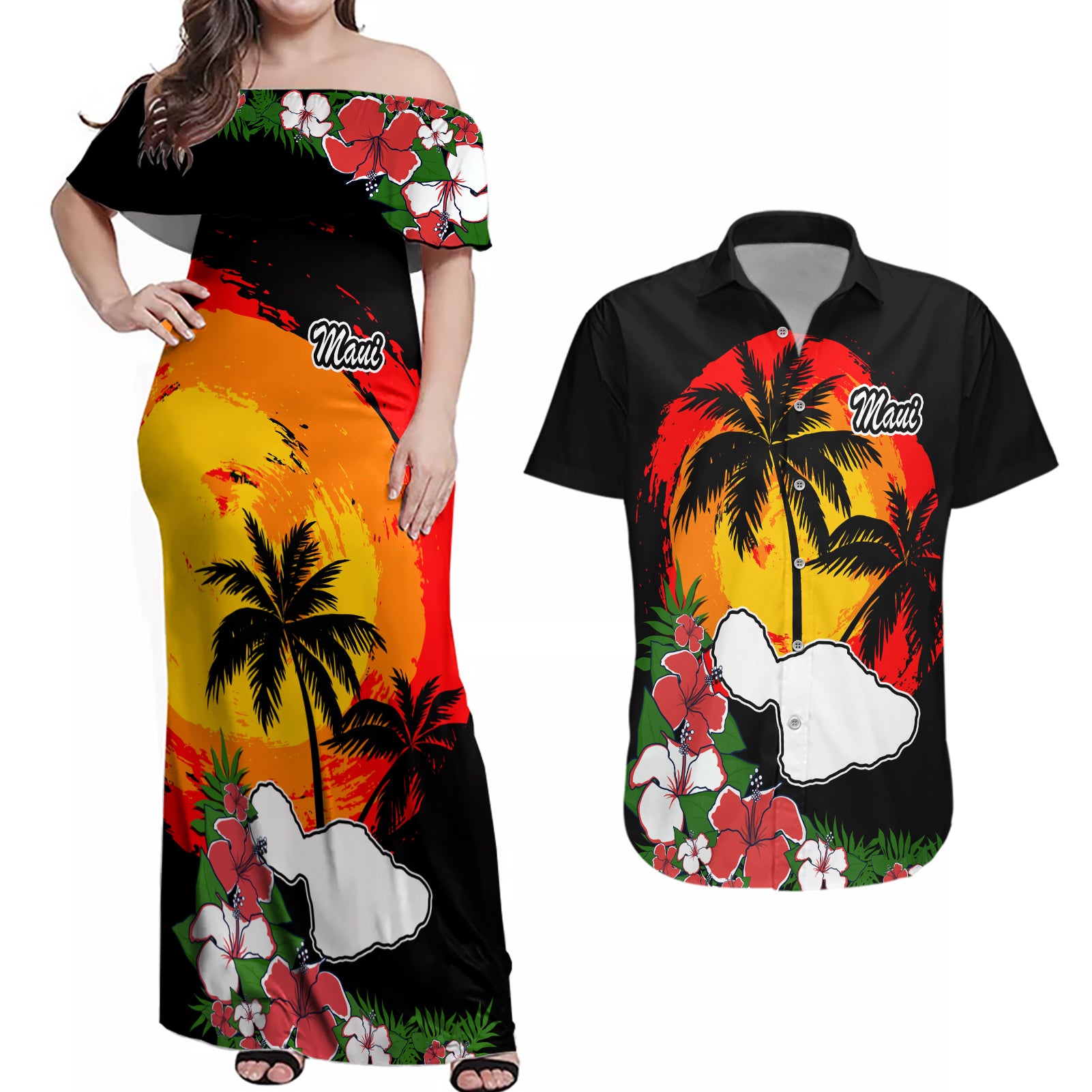 Custom Hawaii Maui Island Couples Matching Off Shoulder Maxi Dress and Hawaiian Shirt Maui Map With Tropical Forest Vintage Style LT03 Black - Polynesian Pride