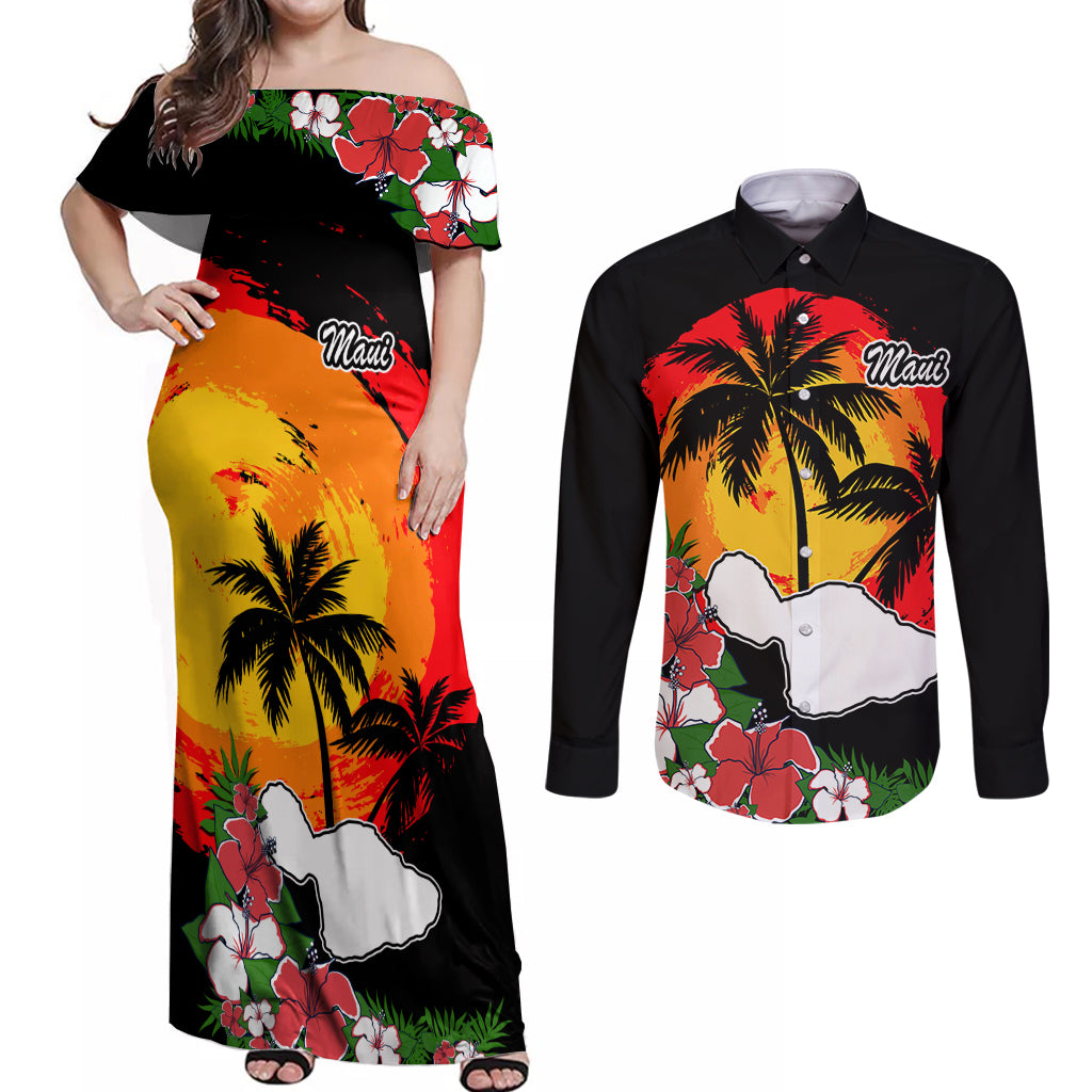 Custom Hawaii Maui Island Couples Matching Off Shoulder Maxi Dress and Long Sleeve Button Shirts Maui Map With Tropical Forest Vintage Style LT03 Black - Polynesian Pride