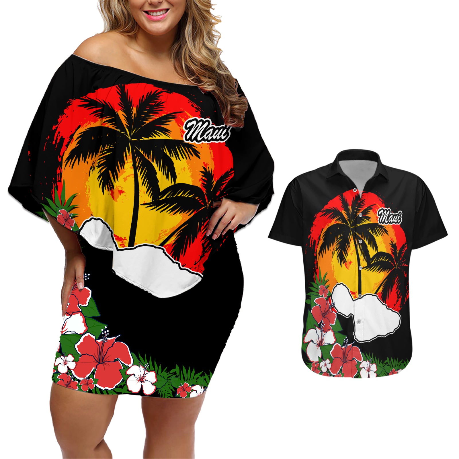 Custom Hawaii Maui Island Couples Matching Off Shoulder Short Dress and Hawaiian Shirt Maui Map With Tropical Forest Vintage Style LT03 Black - Polynesian Pride